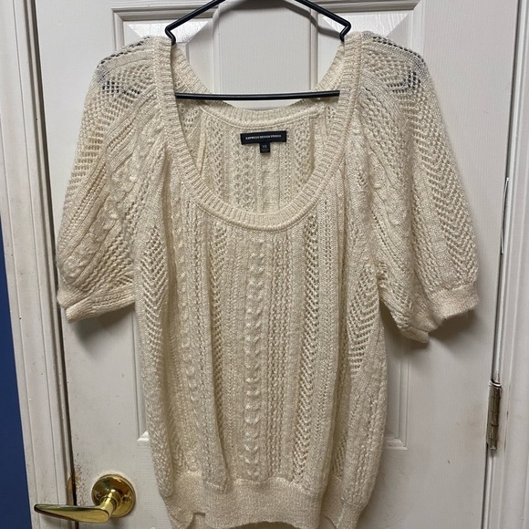 Express Design Studio XS Cream Short Sleeve Scoop Neck Open Knit Sweater Women's - Picture 1 of 7